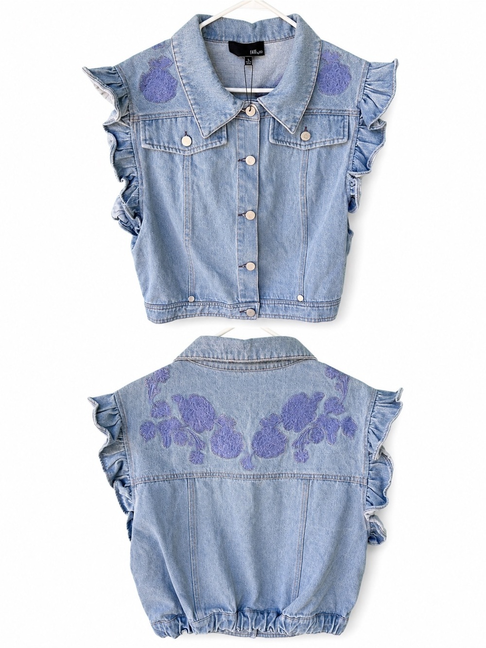 DENIM RUFFLE EMBROIDERED BUTTON DOWN VEST TOP WITH POCKETS SIZE LARGE NWT